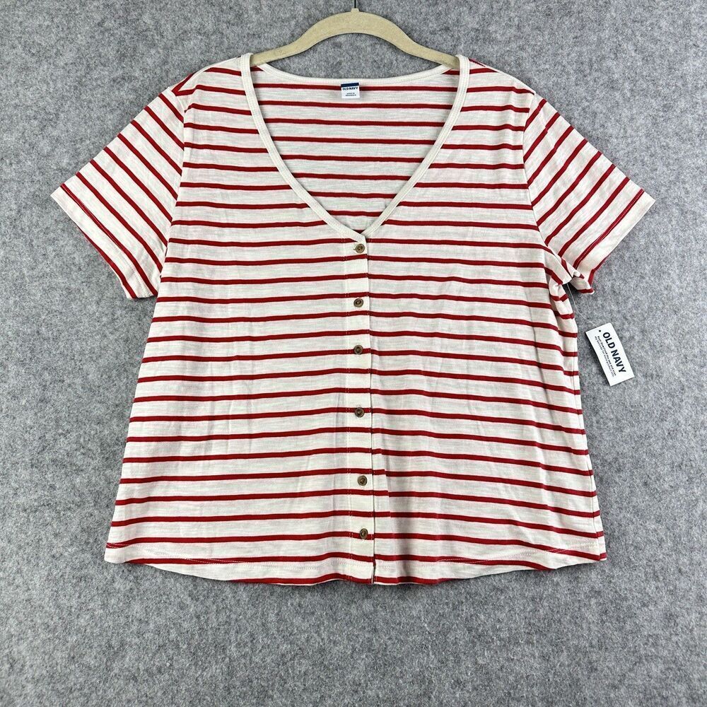 Old Navy Top Womens M Red Striped High Hip Short Sleeve Slub Knit Shirt NEW